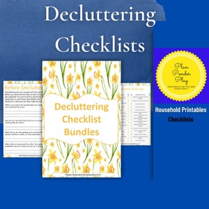 May include: Decluttering checklist bundles with a floral design featuring yellow daffodils. The checklist includes a clutter challenge and a before decluttering section. The text "Plan Ponder Play" is in a gold star shape.