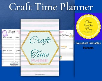 Puede incluir: Planificador de tiempo de manualidades imprimible con un diseño hexagonal que presenta el texto "Craft Time Planner" en letras doradas brillantes sobre un fondo azul claro. El planificador incluye una lista para "Must do ASAP" y "Must do Soon" con espacio para fechas y notas.