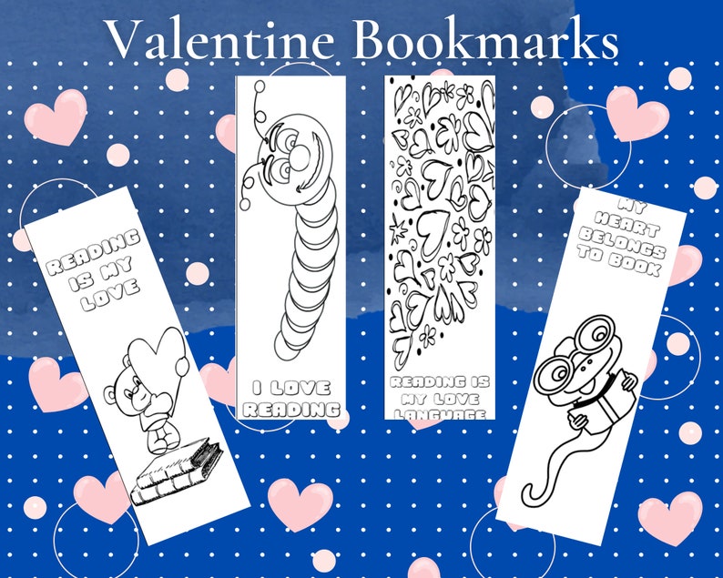 Valentine Bookmarks to color for teachers, librarians or students to give to classmates digital download image 5