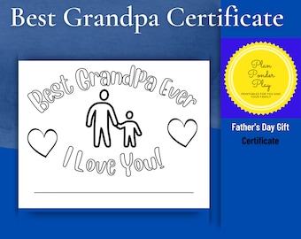 Best Grandpa Ever Certificate to color | Gift for child to give Grandfather | printable download