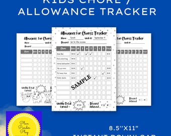Kids Chore Chart & Allowance Tracker – Fun Reward System (PDF) Black and White