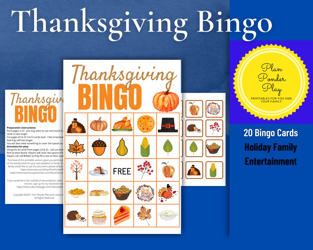 Thanksgiving Bingo Game Printable Party Activity Game For Etsy