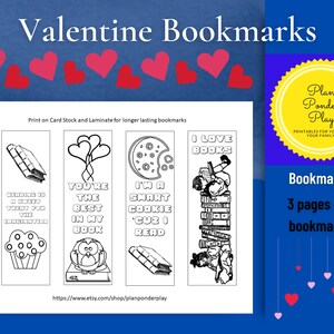 Valentine Bookmarks to color for teachers, librarians or students to give to classmates digital download image 3