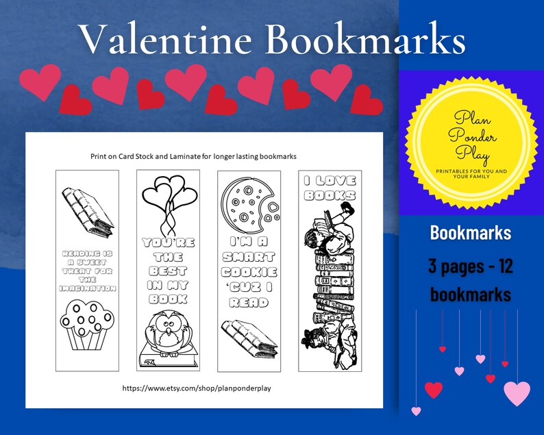 Valentine Bookmarks to color for teachers, librarians or students to give to classmates digital download image 3