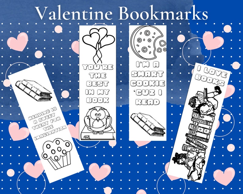 Valentine Bookmarks to color for teachers, librarians or students to give to classmates digital download image 6