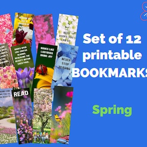 Peut inclure: Ensemble de 12 marque-pages imprimables avec des images sur le thème du printemps, notamment des fleurs, des coccinelles et des oiseaux. Les marque-pages comportent des citations inspirantes sur la lecture.
