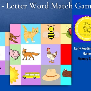 May include: A printable 3-letter word match game for early reading skills. The game features colorful illustrations of animals, objects, and words like "cat", "fox", and "bus".