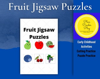 Fruit Jigsaw Puzzles for scissors practice. Set has banana, pear, apple, strawberry, watermelon, blueberry and more. A digital download