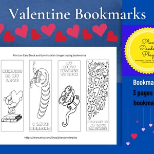 Valentine Bookmarks to color for teachers, librarians or students to give to classmates digital download image 2