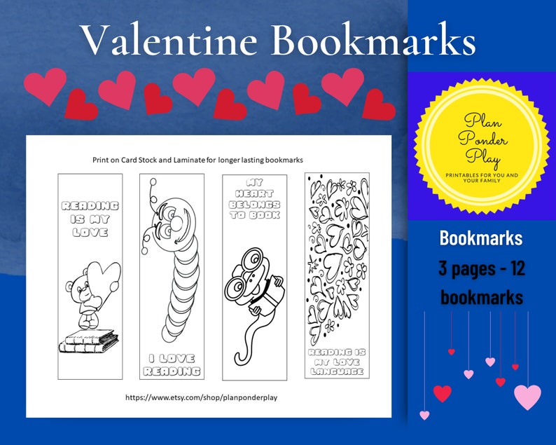 Valentine Bookmarks to color for teachers, librarians or students to give to classmates digital download image 2