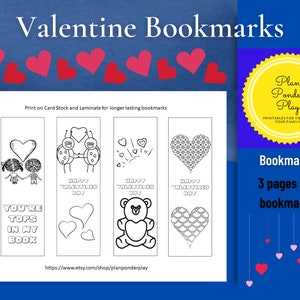 Valentine Bookmarks to color for teachers, librarians or students to give to classmates digital download image 1