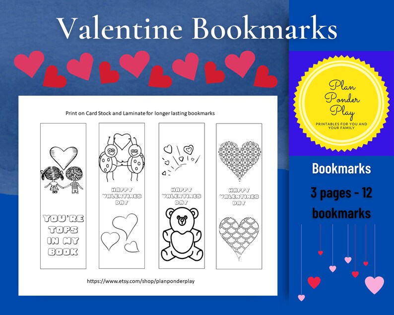 Valentine Bookmarks to color for teachers, librarians or students to give to classmates digital download image 1