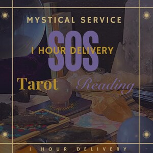 May include: Mystical Service SOS 1 Hour Delivery Tarot Reading with a crystal ball, tarot cards, and crystals on a purple surface.
