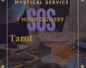 Puede incluir: Servicio Místico SOS Entrega en 1 hora Lectura de Tarot con una bola de cristal, cartas de tarot y cristales sobre una superficie morada.