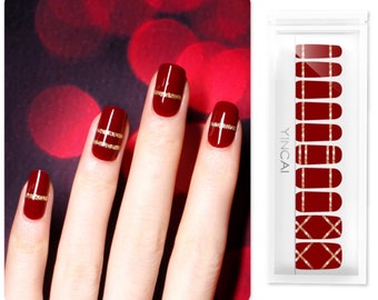 Burgundy Red with Glitter Gold Nail wraps | Nail Polish Strips | Nail Art | Quick Nail DIY | Elegant Style