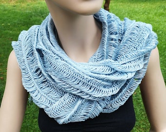 Light Blue 100% Cotton Vintage Lace Shawl, Unique Sustainable Day-to-Night Stole, Bridesmaid Scarf, Nostalgic Fashion Wrap, Gift for Her