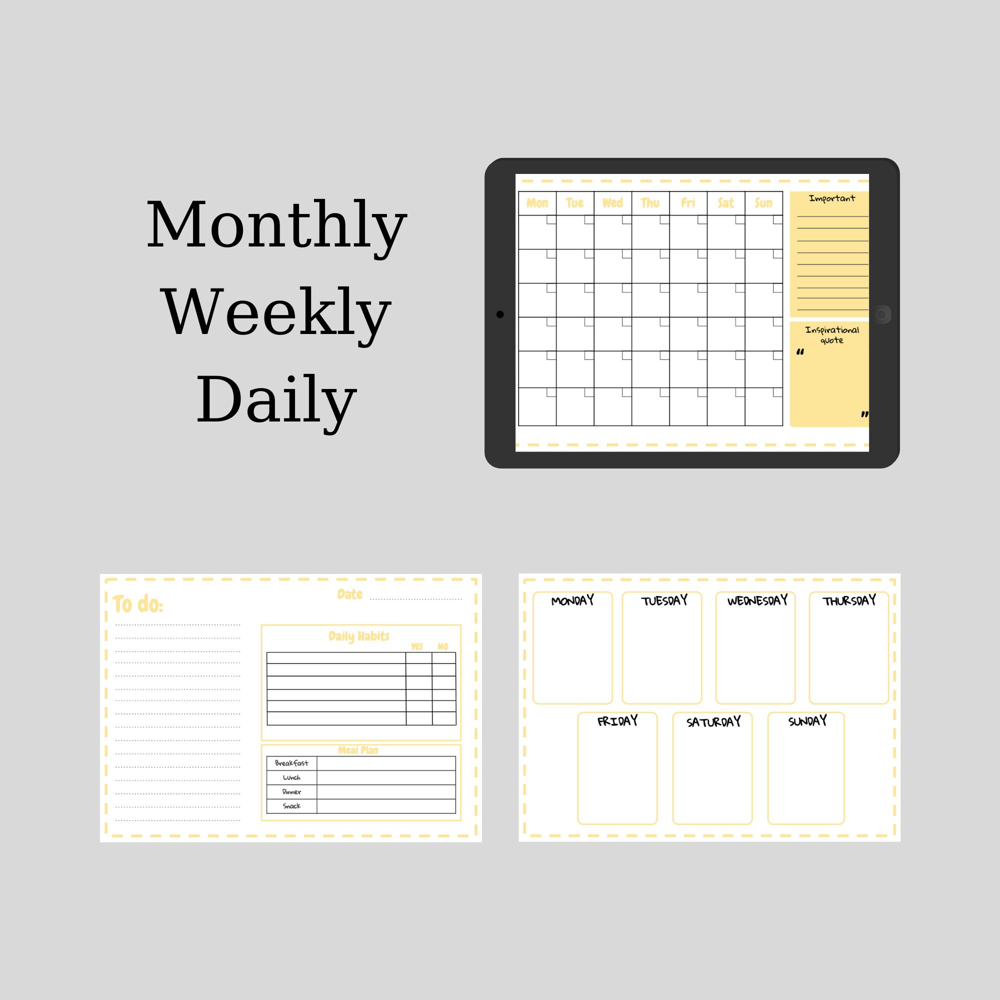 Yellow Planner pages digital/printable monthly weekly | Etsy