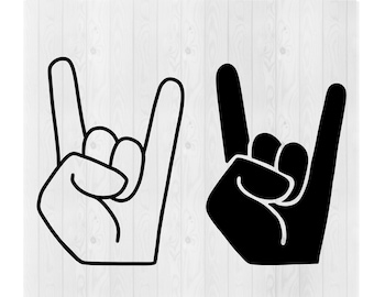 May include: Two black and white illustrations of a hand making the rock and roll hand gesture. The hand on the left is white and the hand on the right is black.
