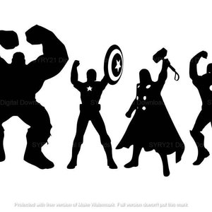 May include: Black silhouette of five superheroes: Hulk, Captain America, Thor, Iron Man, and a fifth superhero with a shield. The superheroes are standing in a row, facing forward.