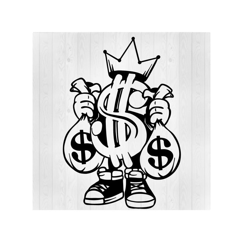 May include: Black and white illustration of a cartoon dollar sign wearing a crown and holding two money bags. The dollar sign is wearing shoes and has a mischievous expression.