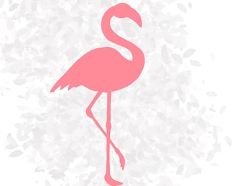 Könnte beinhalten: Pinkfarbene Flamingo-Silhouette vor einem weißen Hintergrund mit einem dezenten Muster aus kleinen weißen Formen.