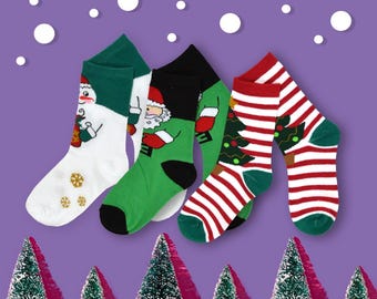 May include: Four pairs of Christmas themed socks with different designs. One pair features a snowman, another a Santa Claus, and two pairs feature Christmas trees.