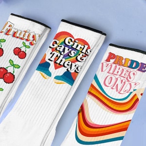 LGBTQIA+ Unisex Pride Socks, Pride rainbow socks, Girls Gays and Theys, LGBTQ+ flag, Gay Pride, Cute LGBTQ accessory, Pride Gift, Valentines