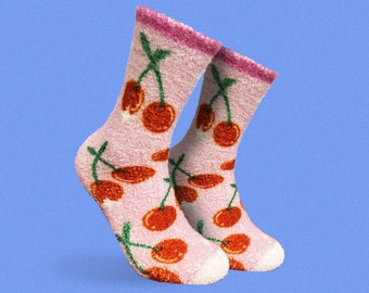 Unisex Cherry Fuzzy Socks, Women's and Men's Sizes