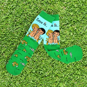 El amor es..., calcetines de pareja para siempre, calcetines de San Valentín, regalos para ella, el amor es una caricatura, pareja famosa de caricaturas, calcetines de Navidad