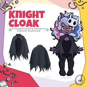 May include: An image promoting a Knight Cloak, with the words "KNIGHT CLOAK" in pink. The image shows a black cloak with a jagged hemline, and a cartoon character wearing a similar cloak. Text reads "Printable Sewing Patterns Instant Download".