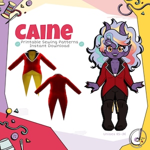 May include: An illustration featuring a cartoon character in a red and black outfit, with a matching red jacket and yellow pants sewing pattern. The text "CAINE Printable Sewing Patterns Instant Download" is displayed in pink. The image also includes sewing notions.