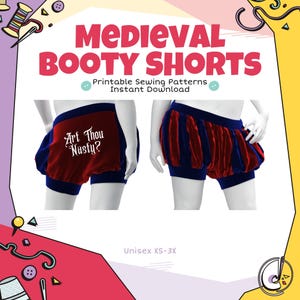 Può includere: Pantaloncini medievali in velluto rosso e blu, con la scritta "Art Thou Nasty?" su un paio. L'immagine include anche il testo "Printable Sewing Patterns Instant Download" e "Unisex XS-3X".