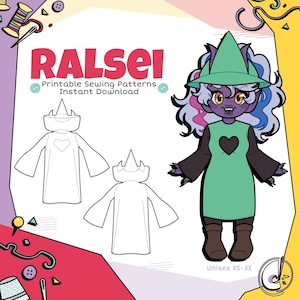 Puede incluir: Ilustración de un personaje con túnica verde con un corazón negro, sombrero verde y botas marrones. La imagen incluye diagramas de patrones de costura y el texto "Ralsei Printable Sewing Patterns Instant Download" y "Unisex XS-3X".
