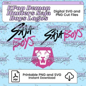 Könnte beinhalten: Digitale SVG- und PNG-Schnittdateien mit "KPop Demon Hunters Saja Boys Logos". Das Design umfasst Text und ein rosa Löwenkopf-Logo. Der Hintergrund ist hellblau mit verstreuten geometrischen Formen. Enthält ein PDF-Symbol und ein Download-Symbol.