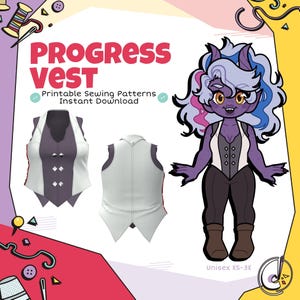 Puede incluir: La imagen presenta un patrón de costura Progress Vest. El diseño incluye una vista frontal y trasera de un chaleco con paneles blancos y grises. También se muestra un personaje de dibujos animados con piel morada y cabello colorido. El texto dice "Progress Vest, Printable Sewing Patterns, Instant Download."