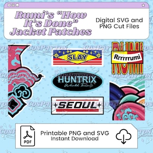 Pode incluir: Arquivos digitais SVG e PNG de patches para jaquetas. Os designs incluem o texto "Rumi's How It's Done Jacket Patches", "SLAY", "HUNTRIX World Tour" e "SEOUL". Também inclui um ícone PDF e um ícone de download.
