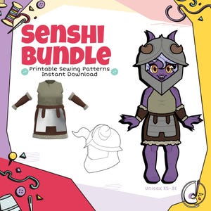 May include: A colourful digital illustration advertising a "Senshi Bundle" of printable sewing patterns. The image includes a cartoon character in armour, a costume mockup, and a helmet outline. Text reads "Senshi Bundle" and "Printable Sewing Patterns Instant Download."