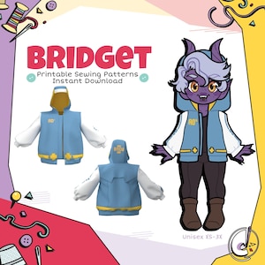 Puede incluir: La imagen muestra un patrón de costura digital titulado "Bridget". Presenta un personaje de dibujos animados que lleva una chaqueta azul y blanca con detalles dorados. El diseño de la chaqueta también se muestra en representaciones 3D. El texto "Unisex XS-3X" es visible.