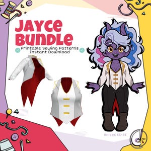 Op de afbeelding: Digitale illustratie met een personage en naaipatronen. Het personage is paars met een witte en gouden jas. De tekst luidt "JAYCE BUNDLE" en "Printable Sewing Patterns Instant Download". De patronen zijn een witte en rode jas en vest.