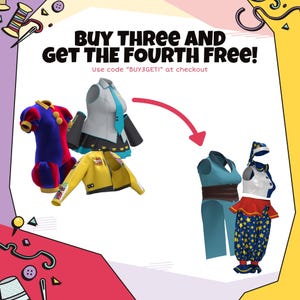 May include: An image featuring several colorful cosplay outfits. The outfits include a blue and red clown costume, a white and black school uniform, a yellow jacket, and a blue outfit. Text reads "BUY THREE AND GET THE FOURTH FREE!"