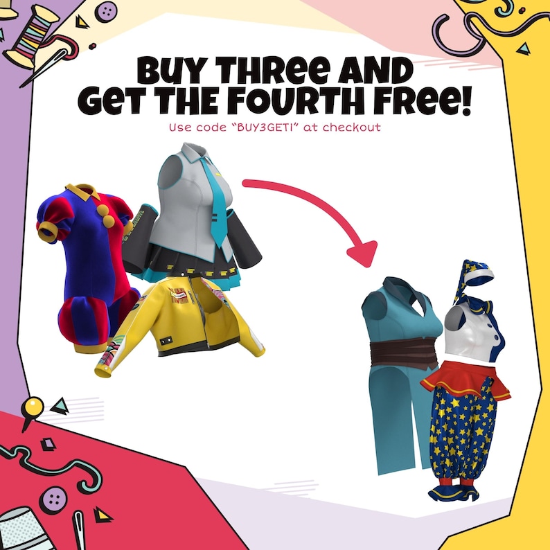 May include: An image featuring several colorful cosplay outfits. The outfits include a blue and red clown costume, a white and black school uniform, a yellow jacket, and a blue outfit. Text reads "BUY THREE AND GET THE FOURTH FREE!"