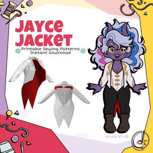 May include: A digital illustration promoting a "Jayce Jacket" sewing pattern. The image features a stylized character and two jacket mockups in white and red. Text includes "Printable Sewing Patterns" and "Instant Download."