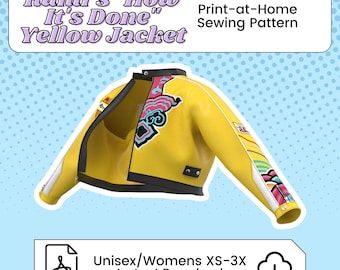 May include: A yellow jacket sewing pattern with the text "Rumi's How It's Done Yellow Jacket." The jacket has black and white accents, and colorful designs on the sleeves. The pattern is for sizes XS-3X and is an instant download.