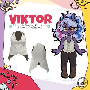 Op de afbeelding: Witte vest met geometrisch ontwerp, voor- en achteraanzicht, en een stripfiguur met paarse huid, hoorns en kleurrijk haar. Tekst luidt "VIKTOR Printable Sewing Patterns Instant Download" en "Unisex XS-3X".