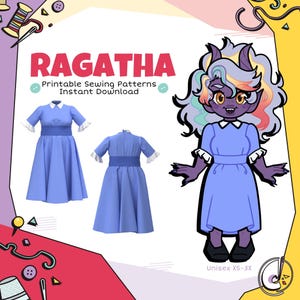 May include: A digital illustration featuring a blue dress sewing pattern with white sleeves and a matching cartoon character. The text "RAGATHA" is displayed in large, red letters, with "Printable Sewing Patterns Instant Download" below.