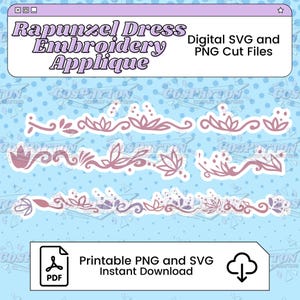 Op de afbeelding: Digitale SVG- en PNG-snijbestanden voor Rapunzel jurk borduurwerk applicatie. Het ontwerp bevat verschillende roze bloemen- en kroonachtige randpatronen. Bevat een PDF-pictogram met de tekst "Printbare PNG en SVG Direct Downloaden."