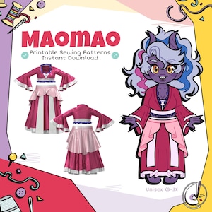 Puede incluir: La imagen muestra un conjunto de patrones de costura imprimibles etiquetado como "MAOMAO". El diseño presenta un disfraz rosa y blanco vibrante con mangas acampanadas y una falda en capas. También se muestra un personaje de dibujos animados con piel y cabello morados, junto con el texto "Unisex XS-3X."