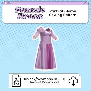 Könnte beinhalten: Ein Print-at-Home-Schnittmuster für ein "Punzie Kleid" in Lilatönen. Das Kleid hat ein Oberteil, Ärmel und einen fließenden Rock. Das Muster ist in den Größen XS-3X erhältlich und steht sofort zum Download bereit.
