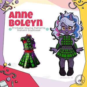 Peut inclure: Illustration avec le texte "Anne Boleyn" et "Printable Sewing Patterns Instant Download". L'image présente un personnage de dessin animé dans une tenue verte et noire et une version miniature de la tenue. Le personnage est violet avec des cheveux blancs, bleus et roses.