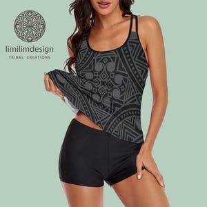 Strój kąpielowy typu tankini z nadrukiem plemiennym: strój kąpielowy boho z wiązaniem na szyi